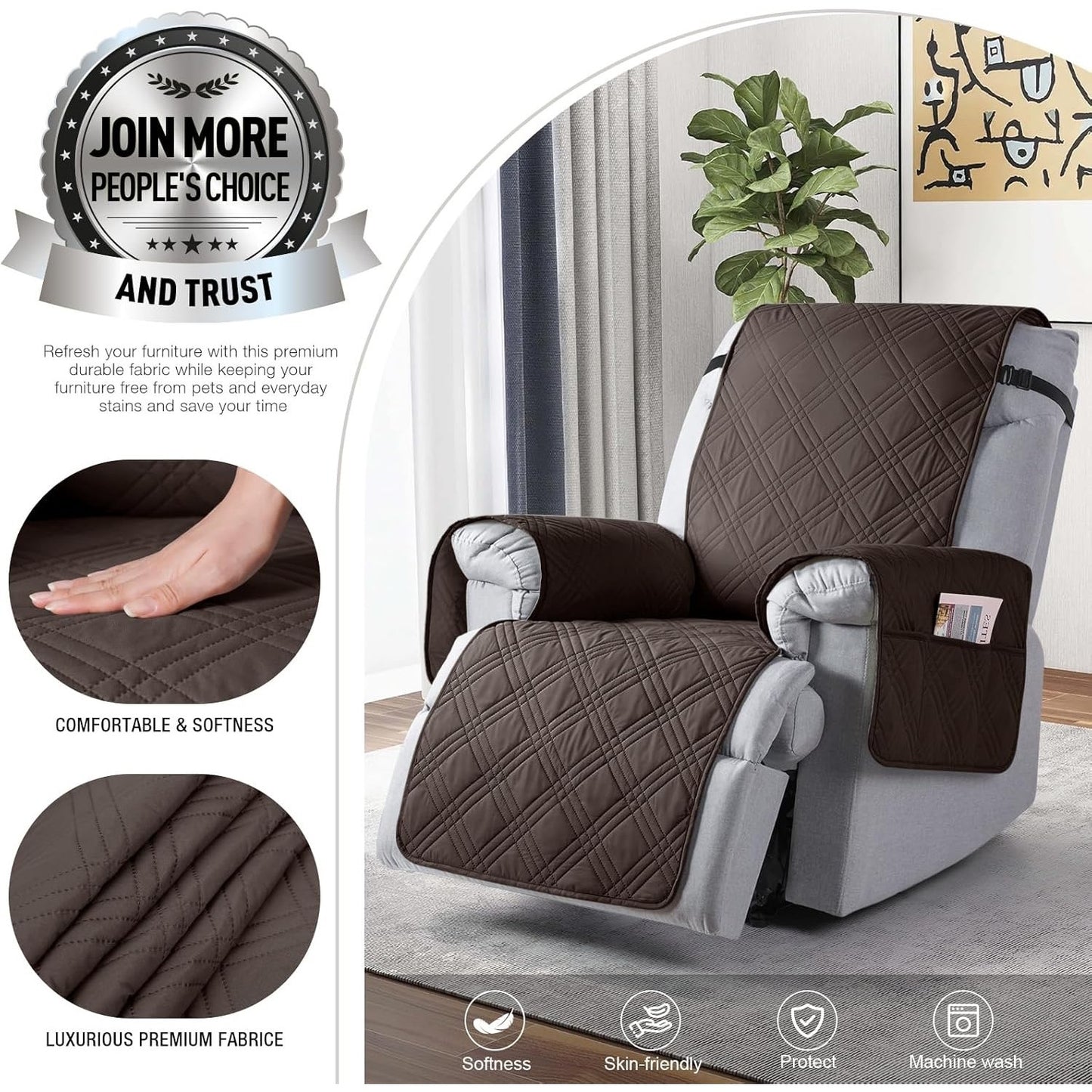 TAOCOCO Waterproof Recliner Chair Covers 30 Inch Wide, Oversized Recliner Covers For Recliner Chair With Pocket, Recliner Slipcovers With Straps Furniture Protector For Kids Pets (30'', Chocolate).