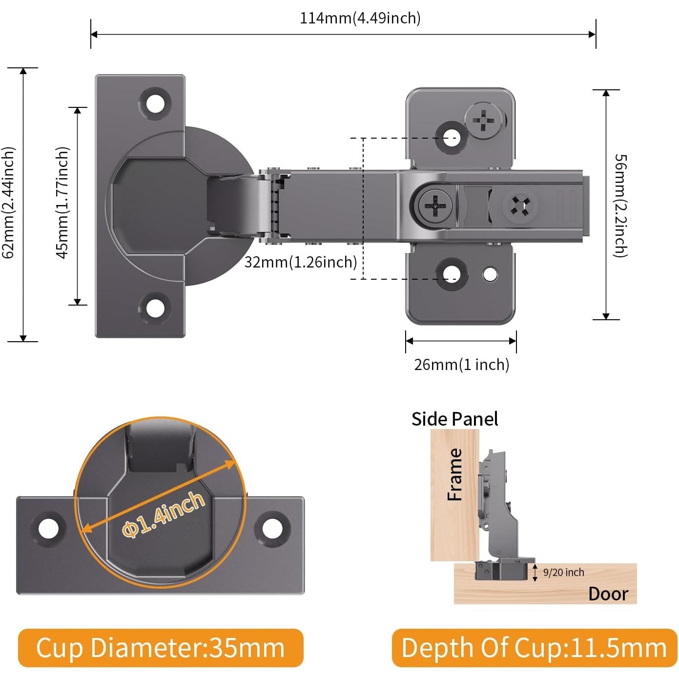 Chibery 7 Pack Frameless Half Overlay Soft Close Concealed Hinges,Black Titanium