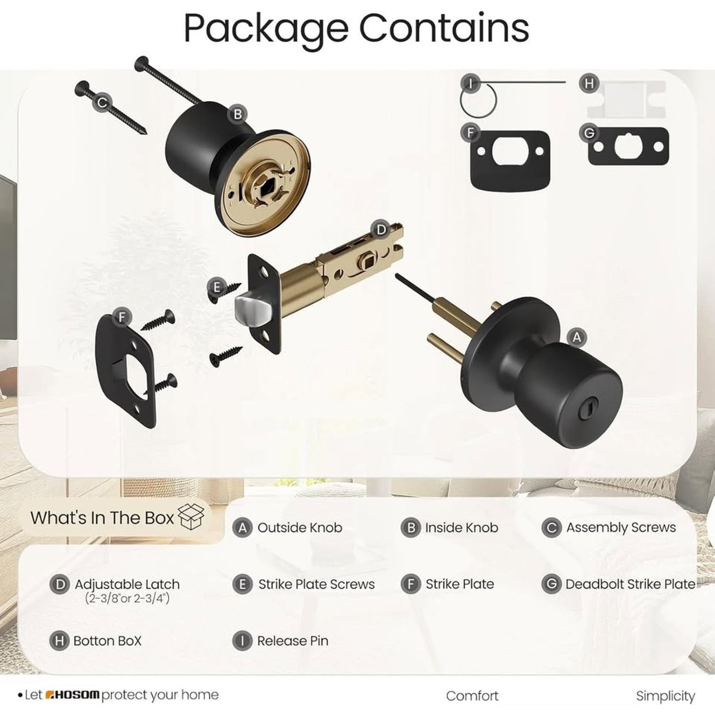 HOSOM Privacy Door Knob With Lock, Matte Black Door Knob Set Door Handles-Black