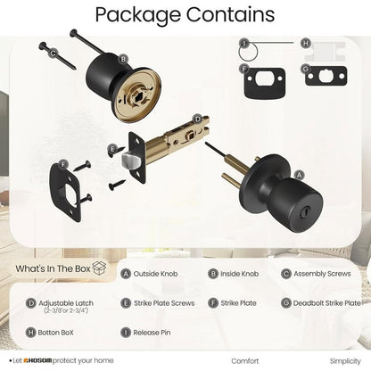 HOSOM Privacy Door Knob With Lock, Matte Black Door Knob Set Door Handles-Black