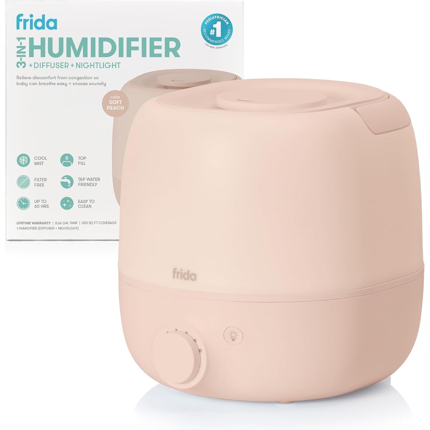 Frida Baby 3-In-1 Cool Mist Humidifier For Large Rooms, Top Fill Humidifie-Peach