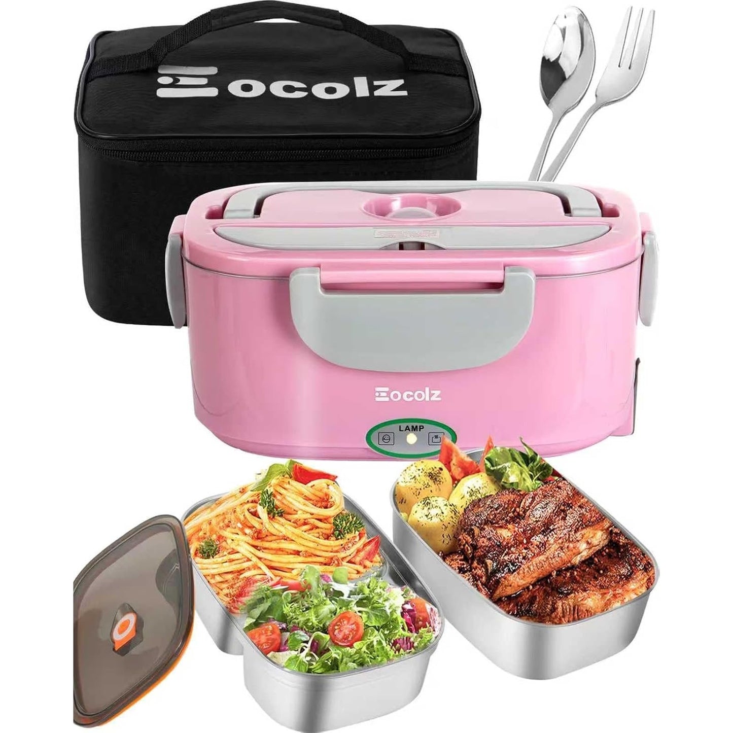 Eocolz Electric Lunch Box Food Heater 80-100W, Food Warmer With Dual Container 1.5L Portable Heated Lunch Box For Car Truck Work Stainless Steel Fork & Spoon 12/24/110V For Adults PINK