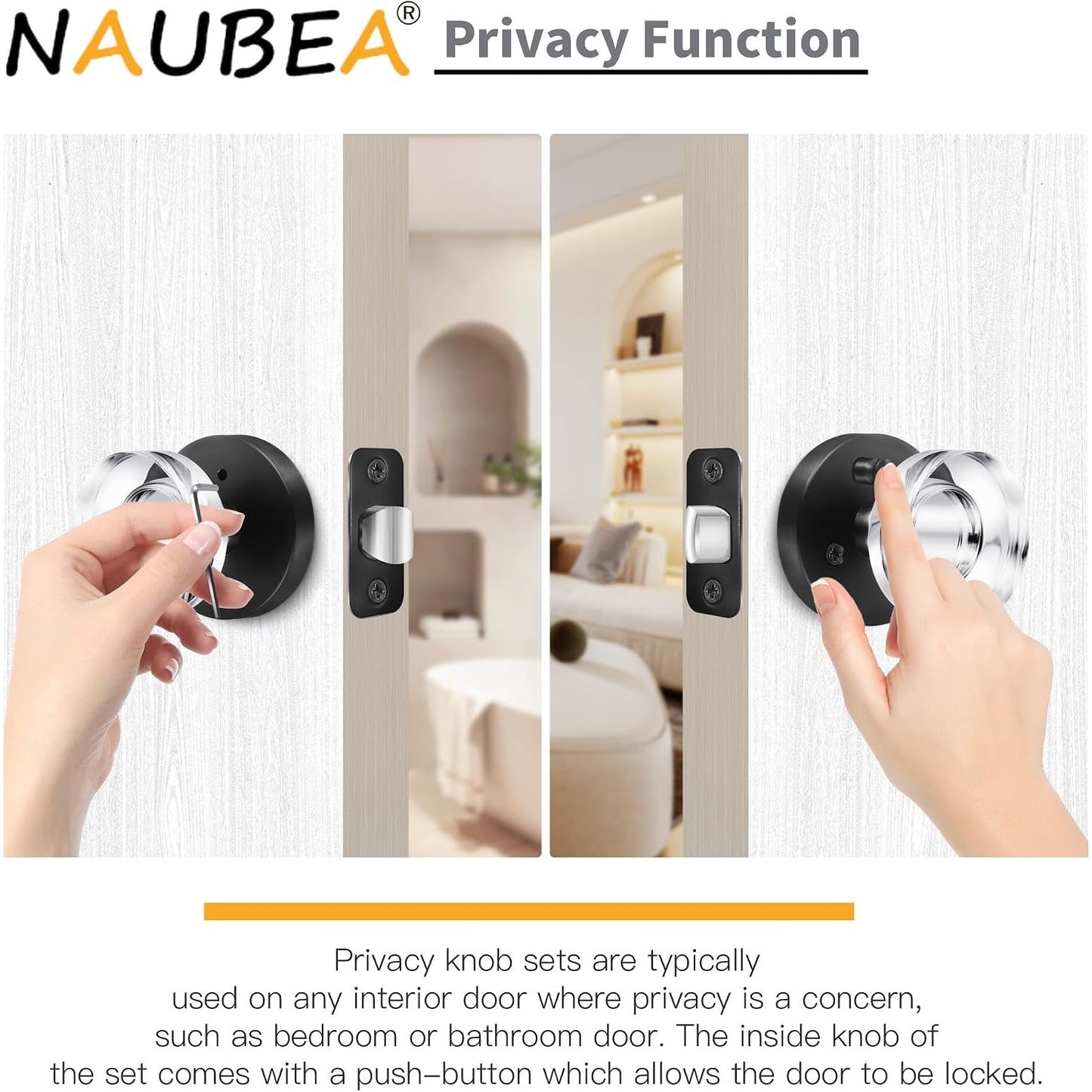 Naubea Matte Black Door Knob Privacy Door Knobs Glass Door Knobs Interior, Vintage Round Crystal Door Knob For Bedroom Bathroom