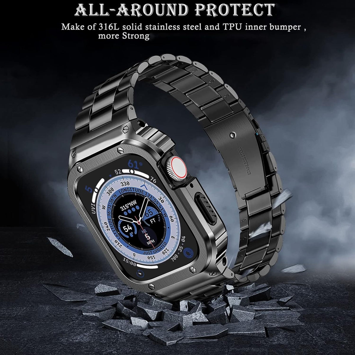 MioHHR Stainless Steel Band and Case Compatible with Apple Watch Band 45mm, Men