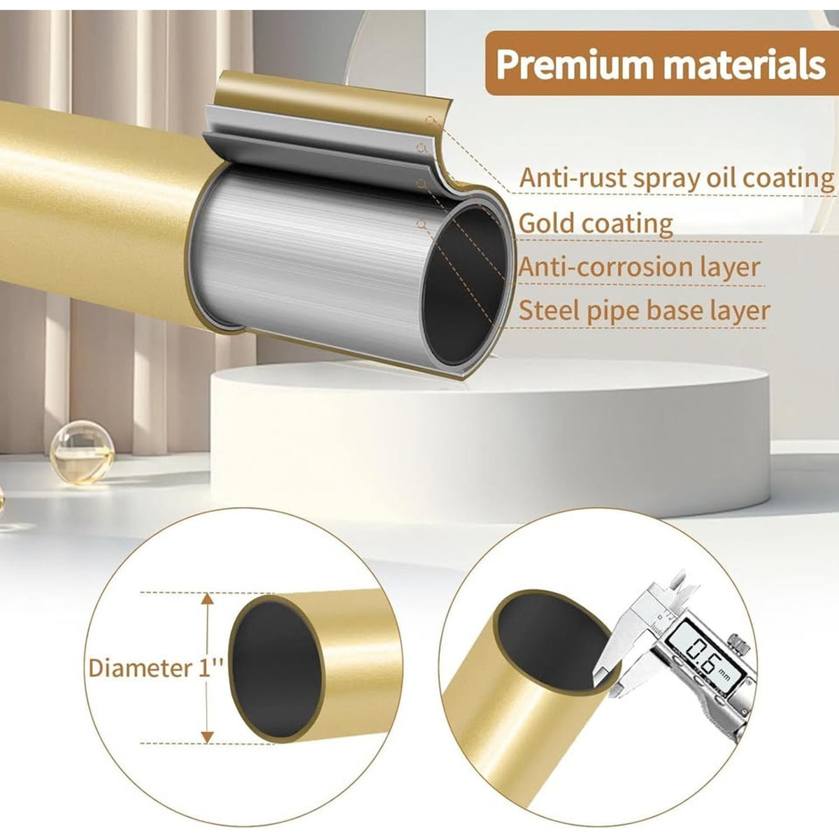 ZYRW Gold Curtain Rods, Room Darkening Rod For Windows 48 To 90 Inches-Gold