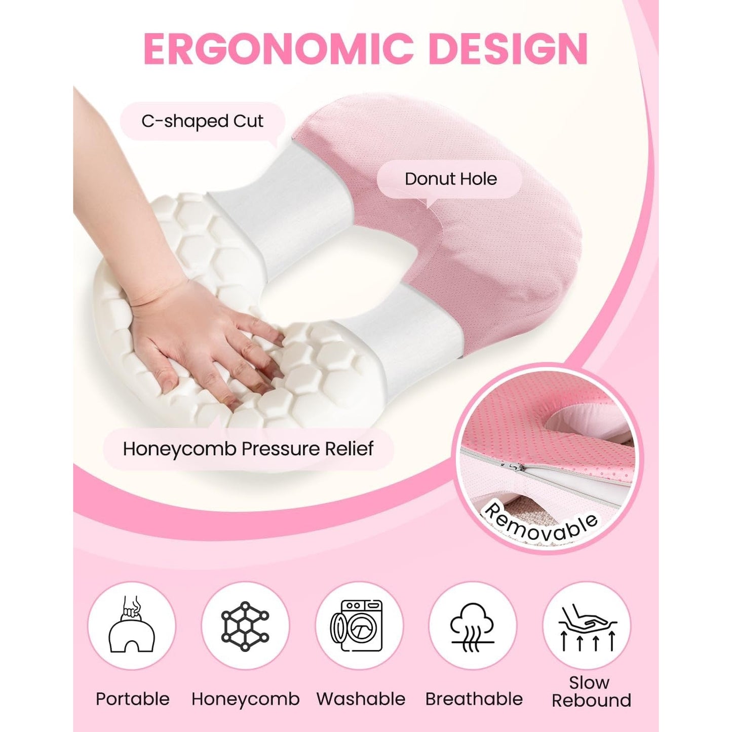 Sino Salected Portable Donut Pillow, Doughnut Pillow For Tailbone Pain, Non-Slip Removable Cover, Hemorrhoid Cushion For Postpartum ? Sciatica, Memory Foam Seat Cushion, Pink.