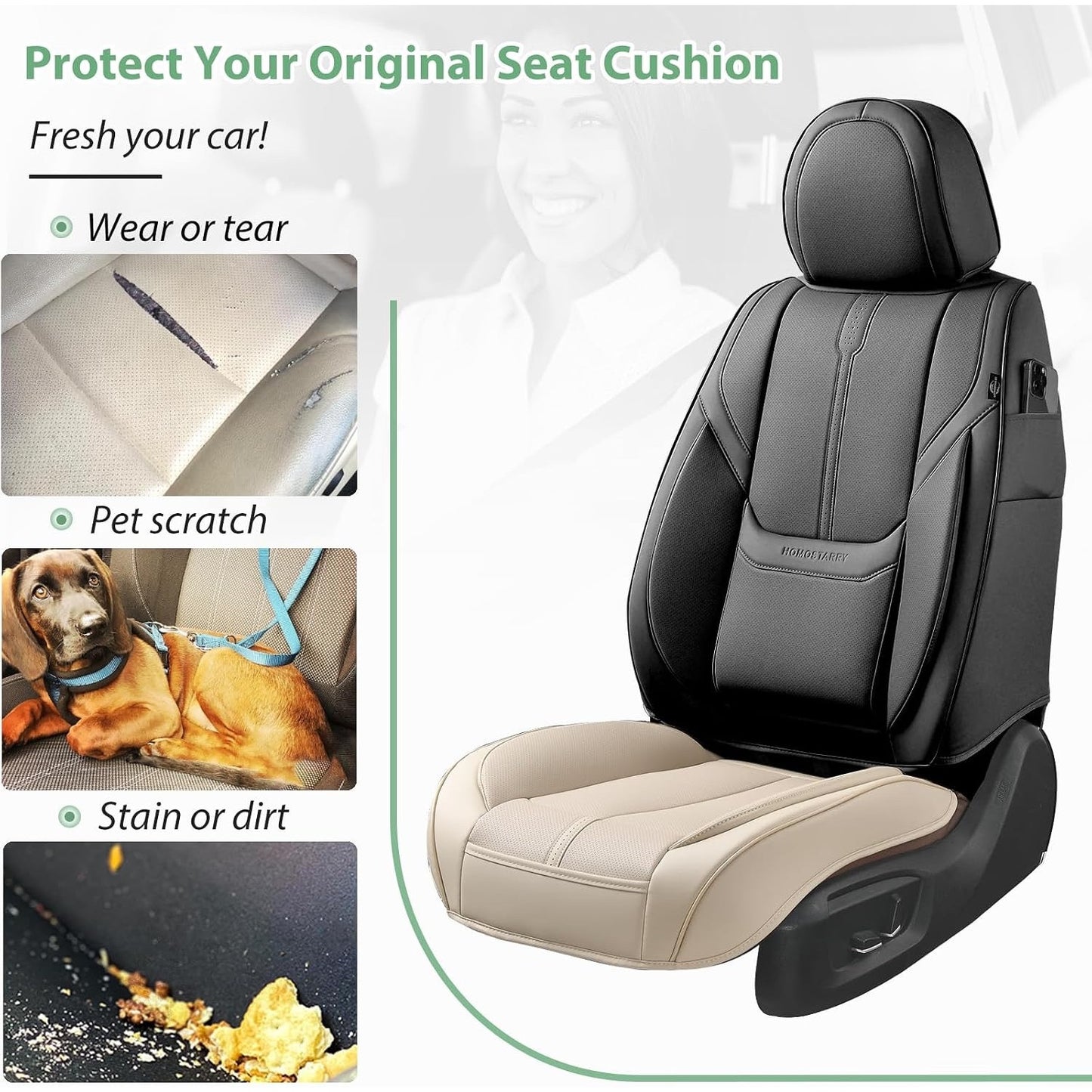 2 Pack Leather Front Car Seat Cover Bottom Only, Anti-Slip Padded Seat Cushion, Full Wrap Seat Protector With Storage Function Universal Fit For Most Cars, SUV, Pick-Up Trucks (-2 pc Light Beige)