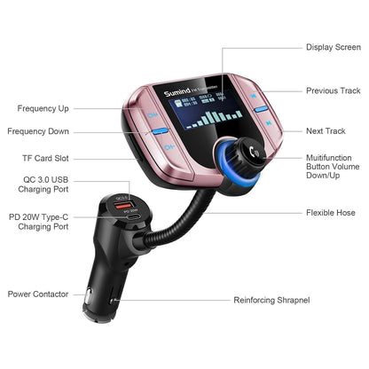 Upgraded Bluetooth FM Transmitter, Wireless Radio Adapter HandsFr(PD, Rose Gold)