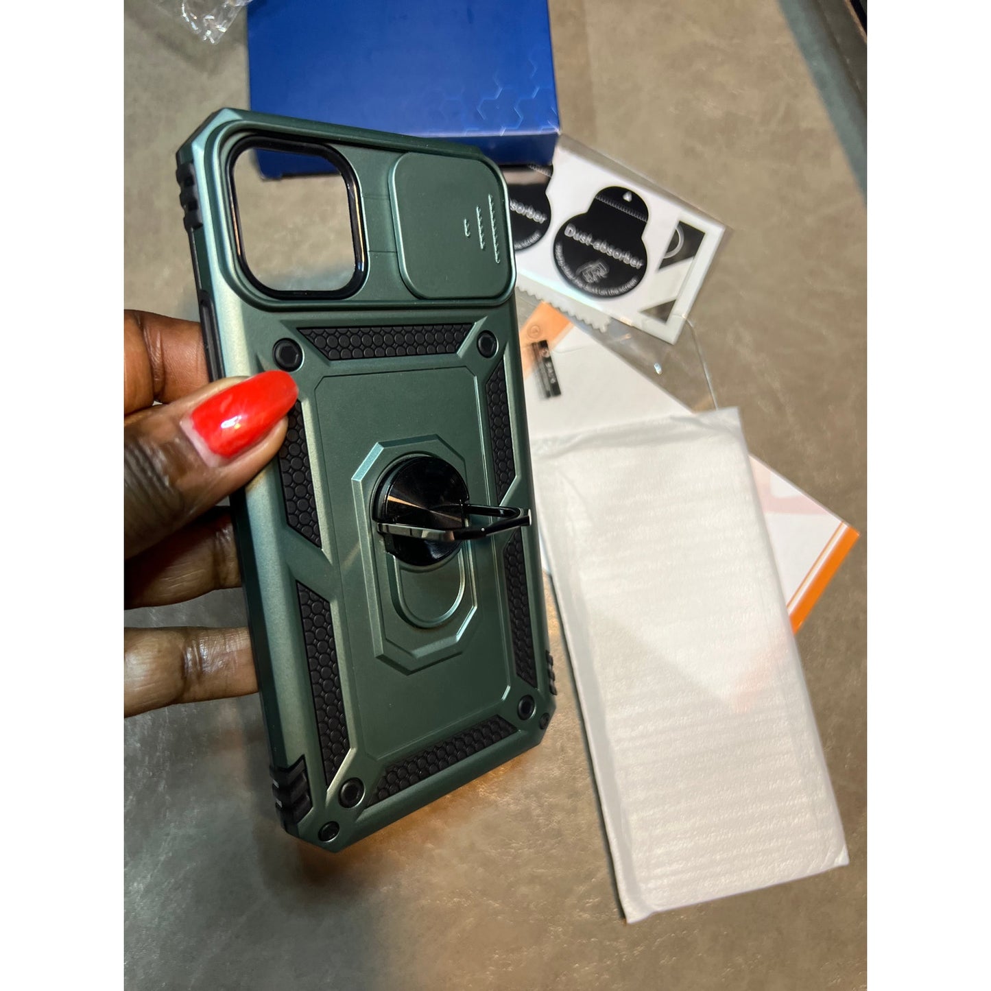 Janmitta Case For IPhone 11 Pro Max Phone Cover Built In Slide Camera Lens Cover+Screen Protector,Heavy Duty Shockproof Full Body PhoneCase With Finger Ring Holder Kickstand,Dark Green