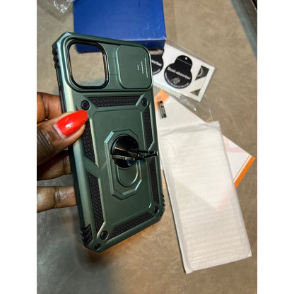 Janmitta Case For IPhone 11 Pro Max Phone Cover Built In Slide Camera Lens Cover+Screen Protector,Heavy Duty Shockproof Full Body PhoneCase With Finger Ring Holder Kickstand,Dark Green
