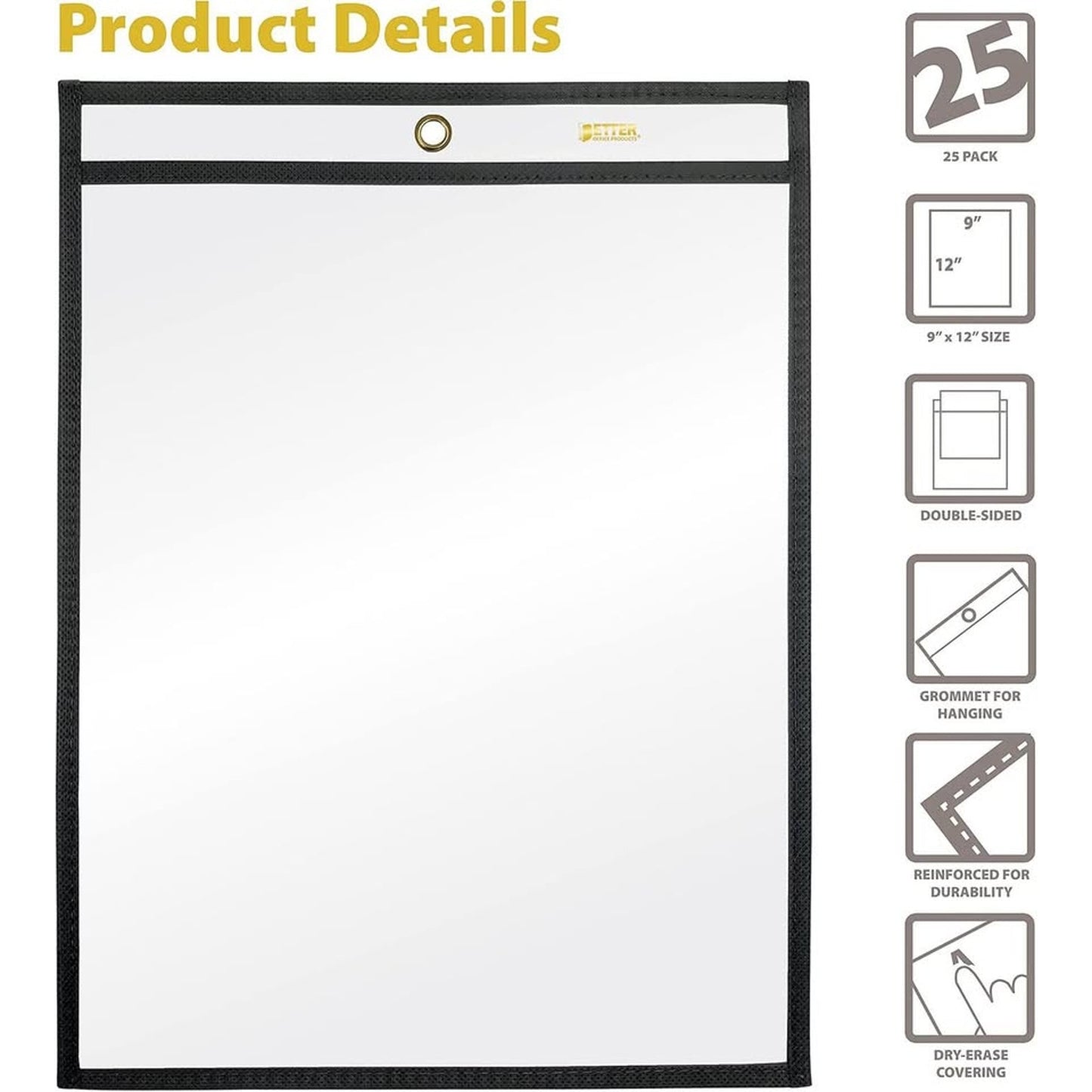 Better Office Products Shop Ticket Holders, 9 X 12 Inches, Both Sides Clear, Stitched Black