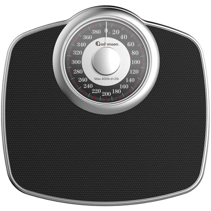 Adamson A25 Scales For Body Weight - Up To 400 LB - New - 5.3" Dial On 12.4" X 10.2" Platform - Anti-Skid Rubber Surface - High Precision Bathroom Scale Analog - Durable With 20-Year Assurance - Black.