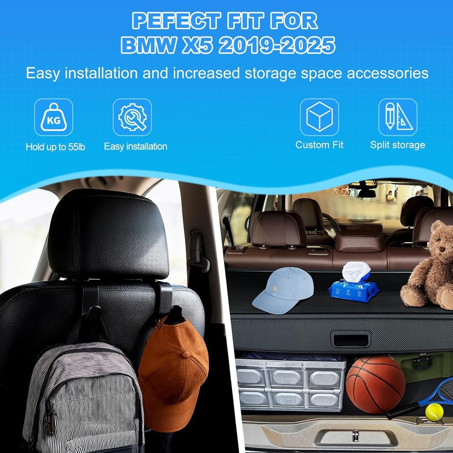 AUXKO Retractable Cargo Cover For BMW X5 2025-2019, Trunk Cargo Cover Luggage Security Shade Cover For 2025 2024 BMW X5 Accessories Shielding Shade Anti-Peeping Luggage Privacy Screen, Carbon Fiber