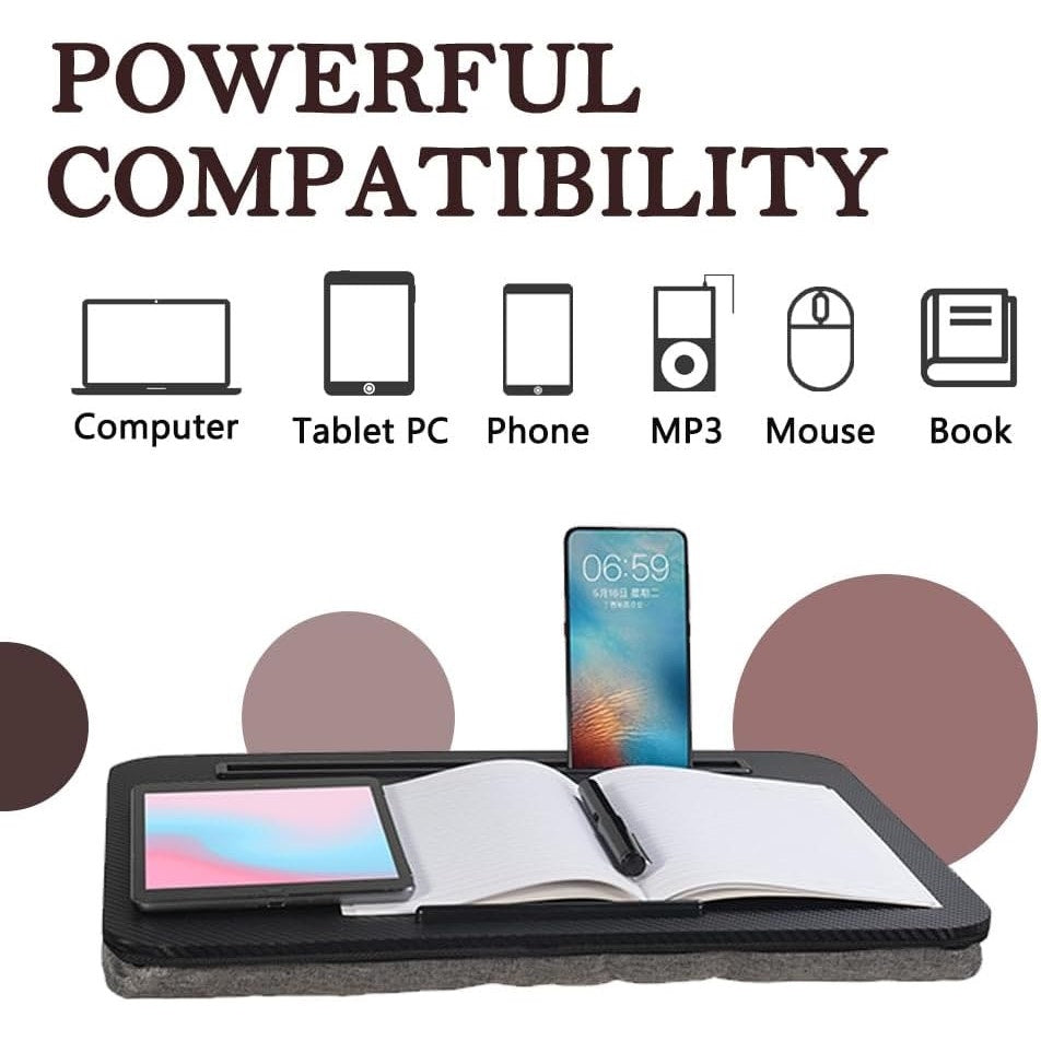 Portable Laptop Desk Fits Up To 16“ Laptops, With Tablet Slot, Built-In Cushion, Great For Home & Office,Lap Desk For Laptop,Lap Desk With Cushion (Black, Medium).