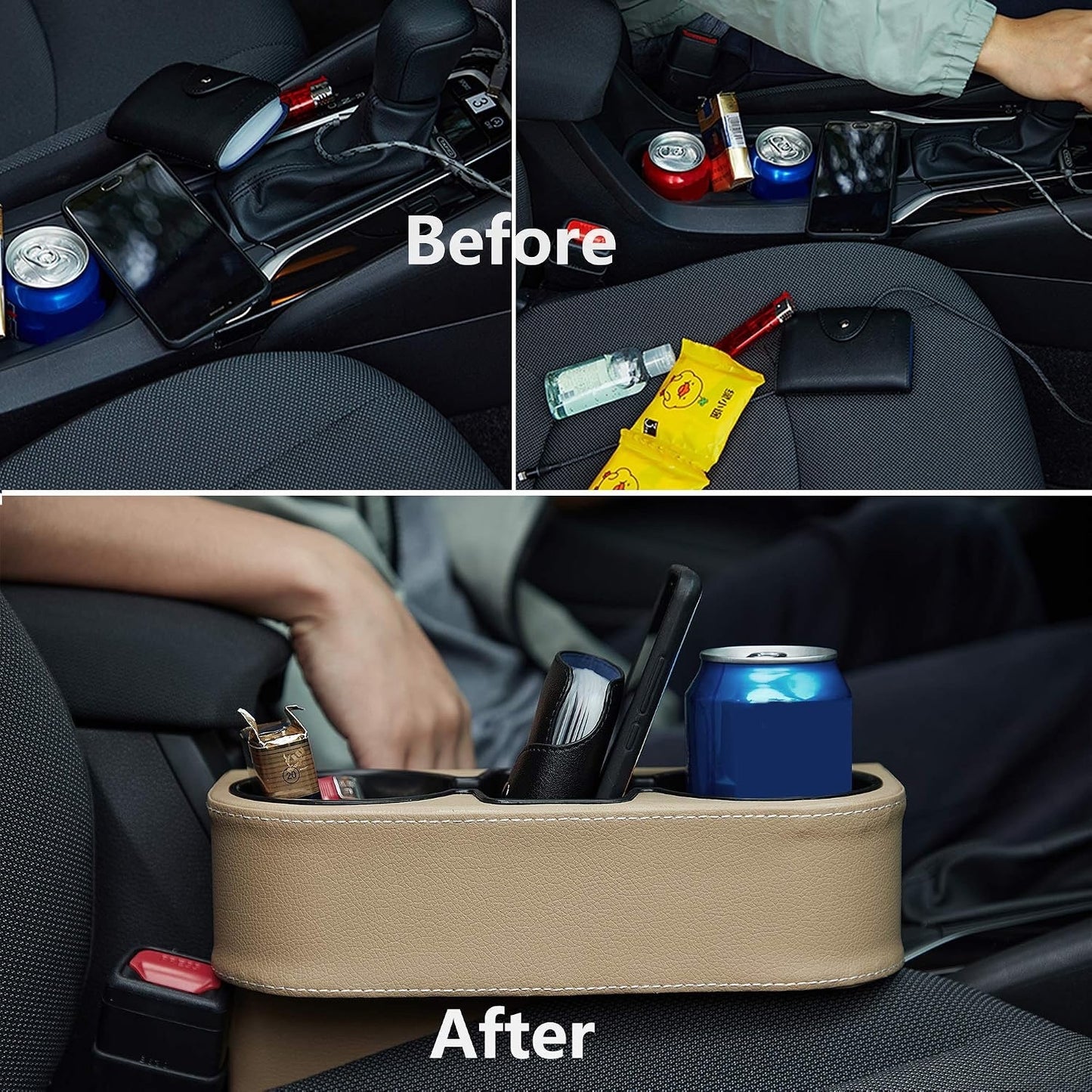 IOKONE Coin Side Pocket Console Side Pocket Leather Cover Car Cup Holder Auto Front Seat Organizer Cell Mobile Phone Holder (Beige with Yellow Undertone)