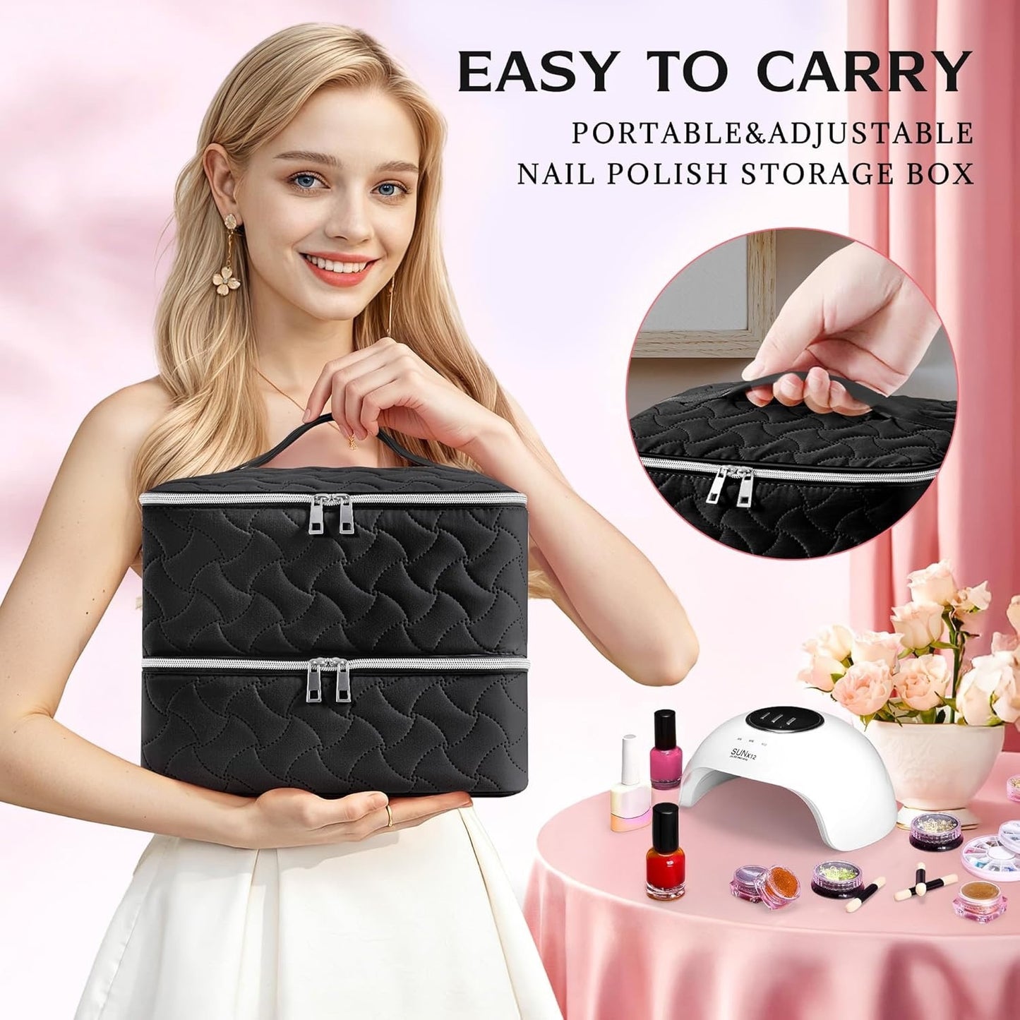 DreamGenius Nail Polish Organizer Case Holds 42 Bottles, Portable Double-Layer Nail Polish Storage