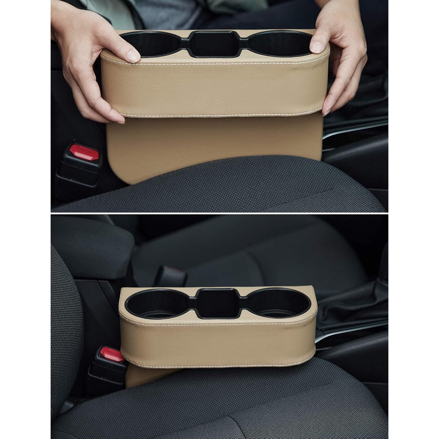 IOKONE Coin Side Pocket Console Side Pocket Leather Cover Car Cup Holder Auto Front Seat Organizer Cell Mobile Phone Holder (Beige with Yellow Undertone)