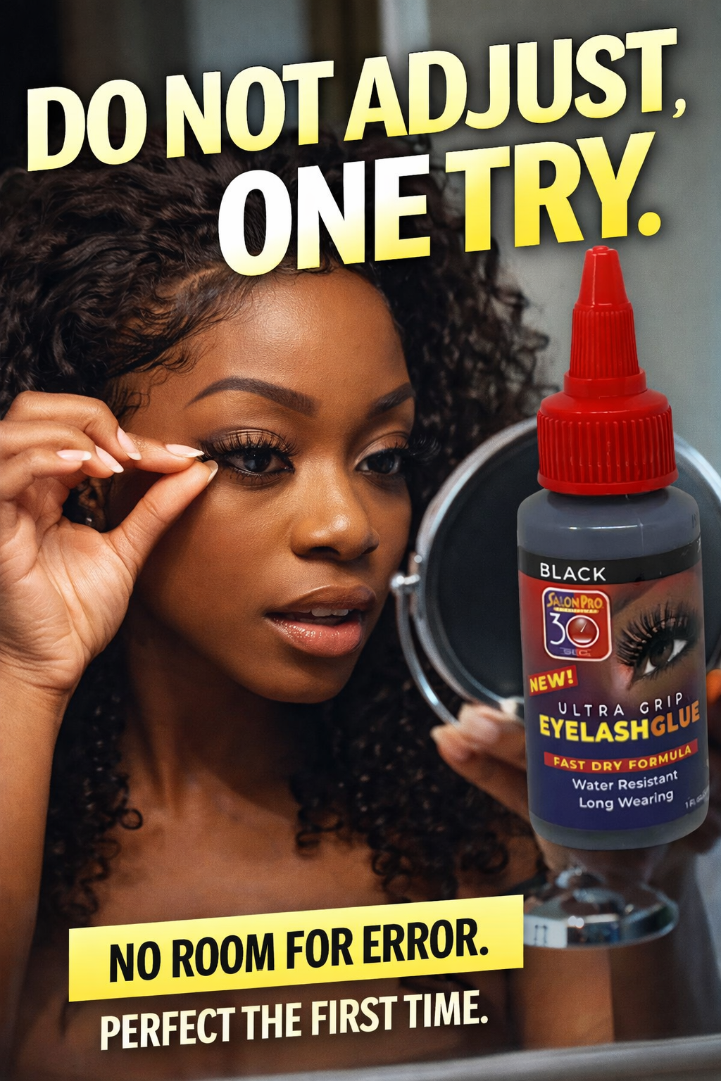 Woman applying eyelash glue with a bottle of Ardell 30 Day Lash Glue in the foreground.