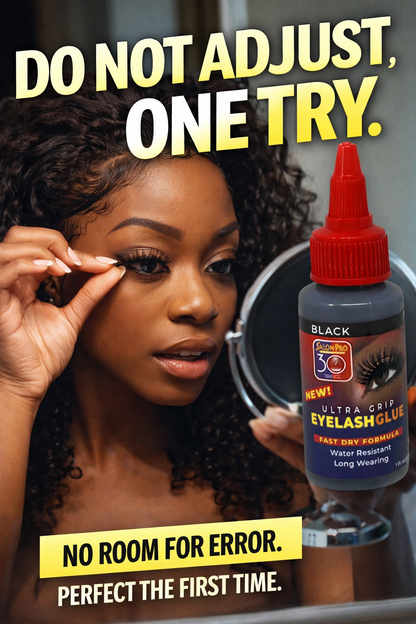 Woman applying eyelash glue with a bottle of Ardell 30 Day Lash Glue in the foreground.