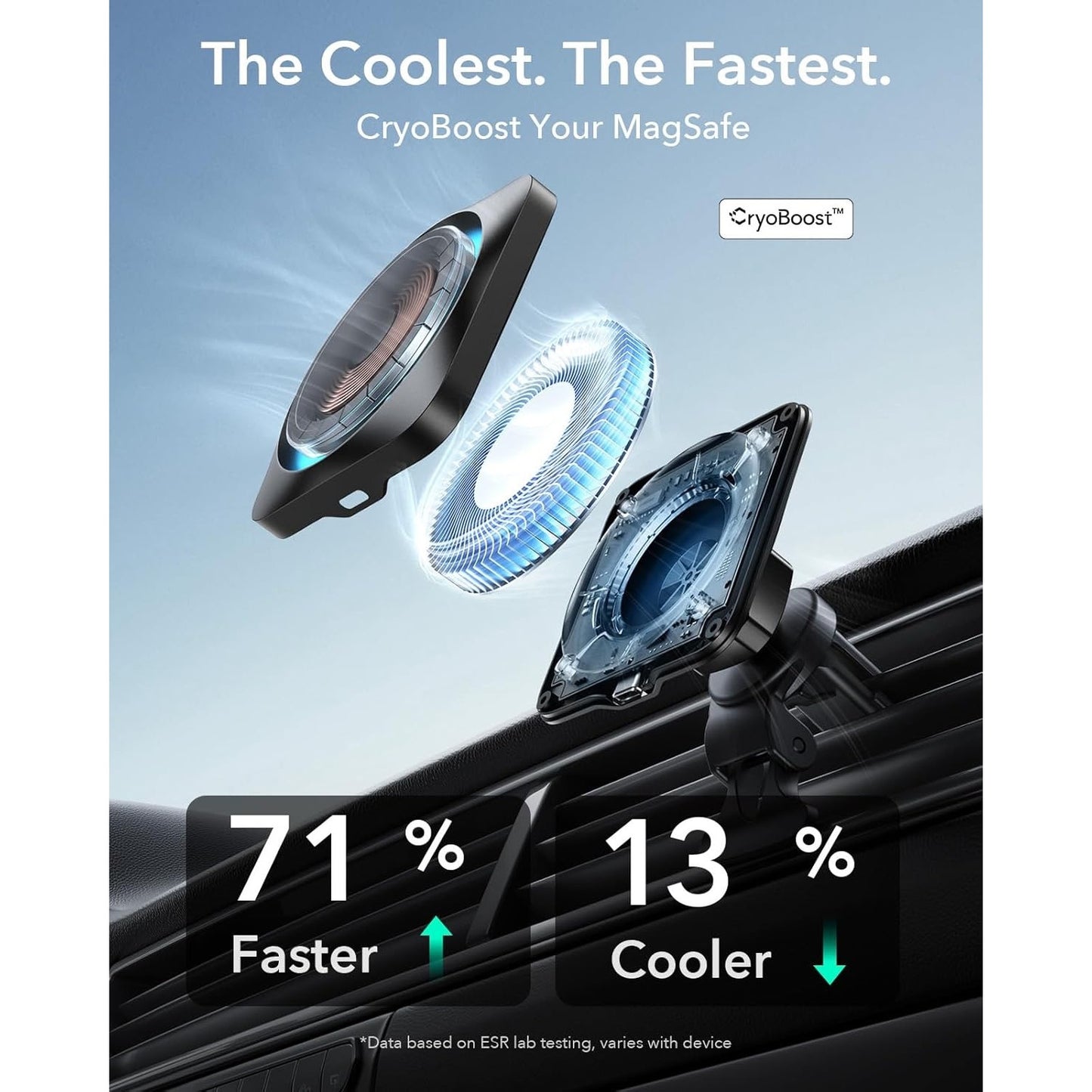 ESR For 15W MagSafe Car Mount Charger With CryoBoost, Phone Cooling MagSafe Car Charger, Air Vent/Dashboard Wireless Charging For IPhone 17/16/15/14/13/12, S25 Series, Pixel 10, Fast Charger