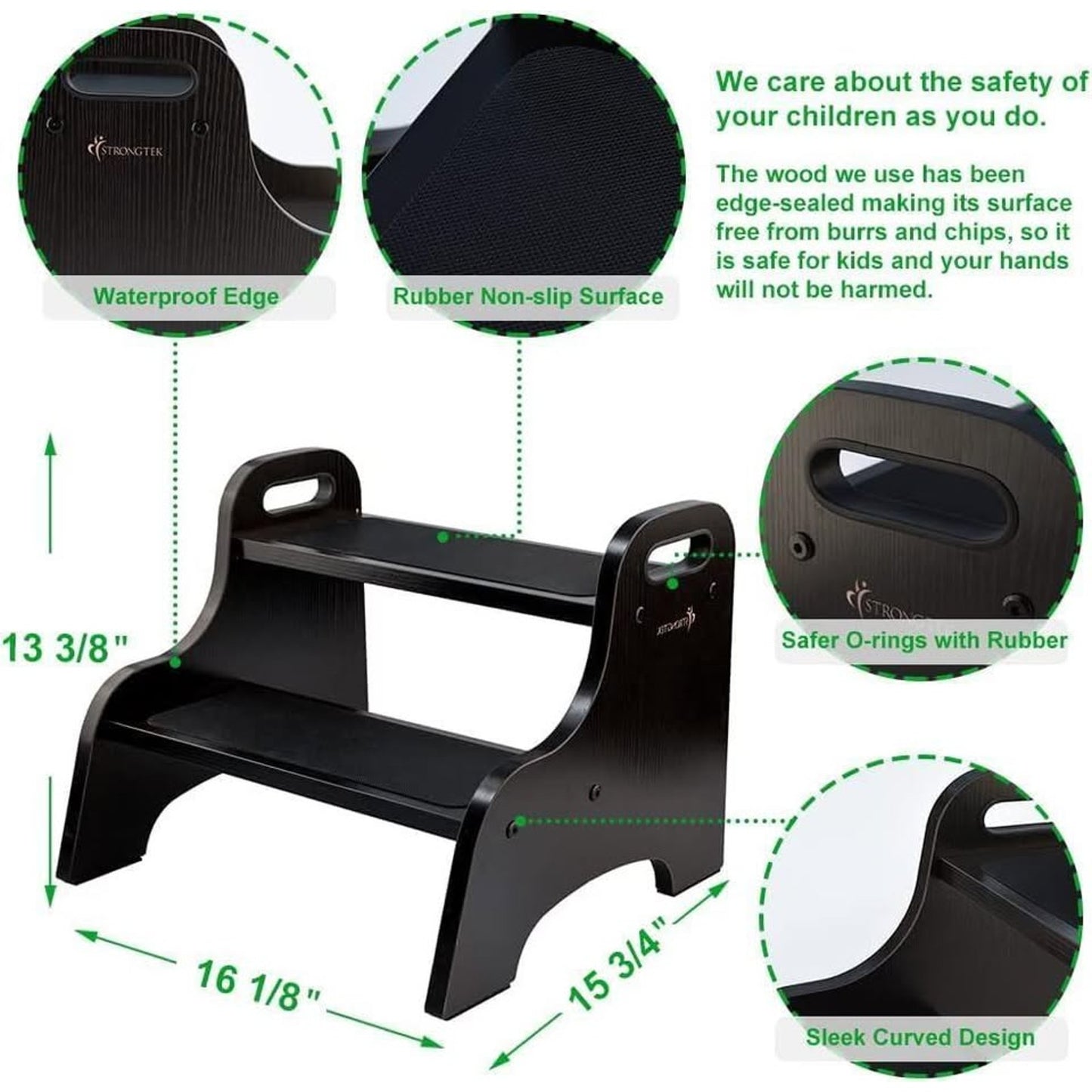 StrongTek Wood 2 Step Stool For Kids With Non-Slip Stepping Surface (Espresso)