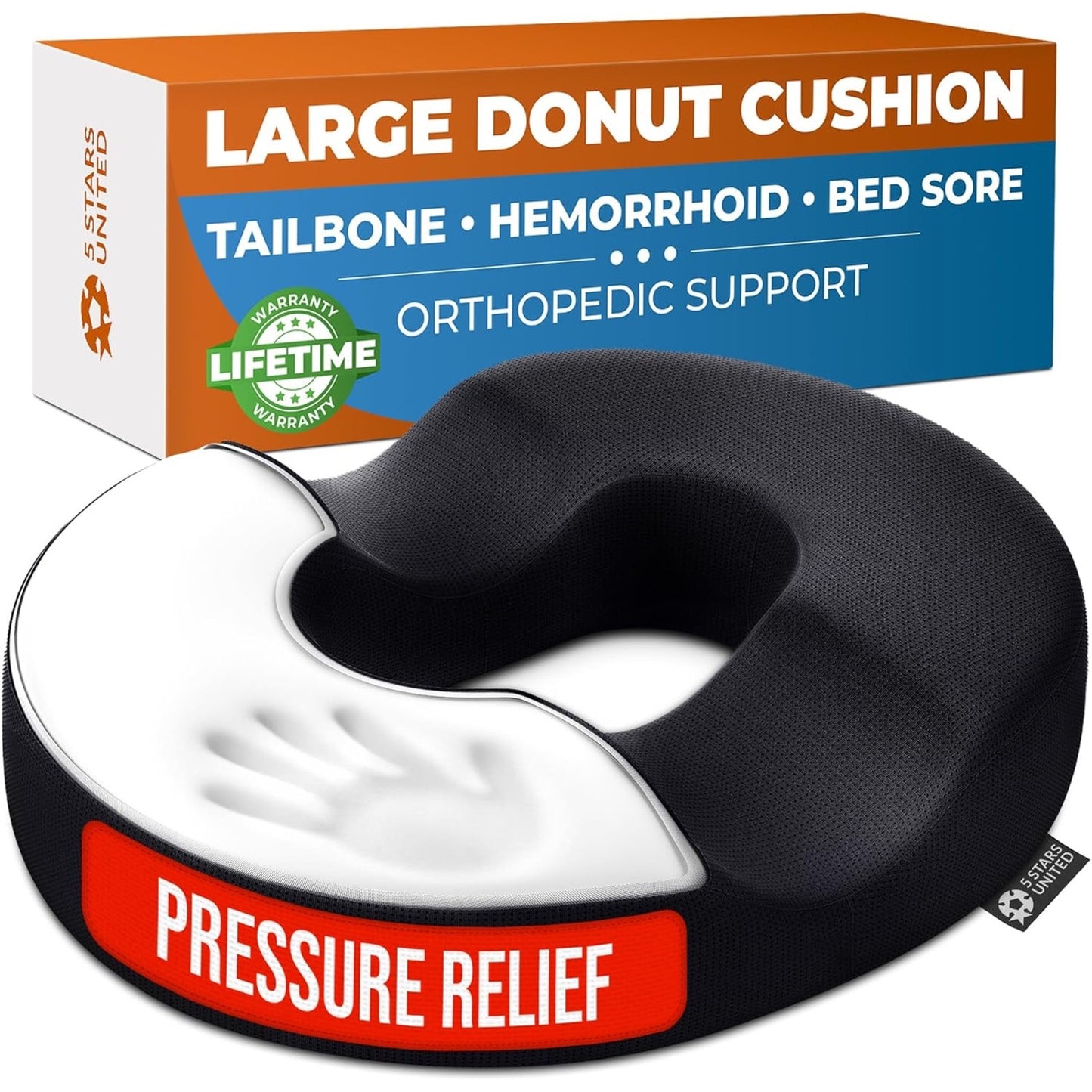 5 STARS UNITED Donut Pillow Hemorrhoid Tailbone Cushion–Large CushioN,Black Mesh