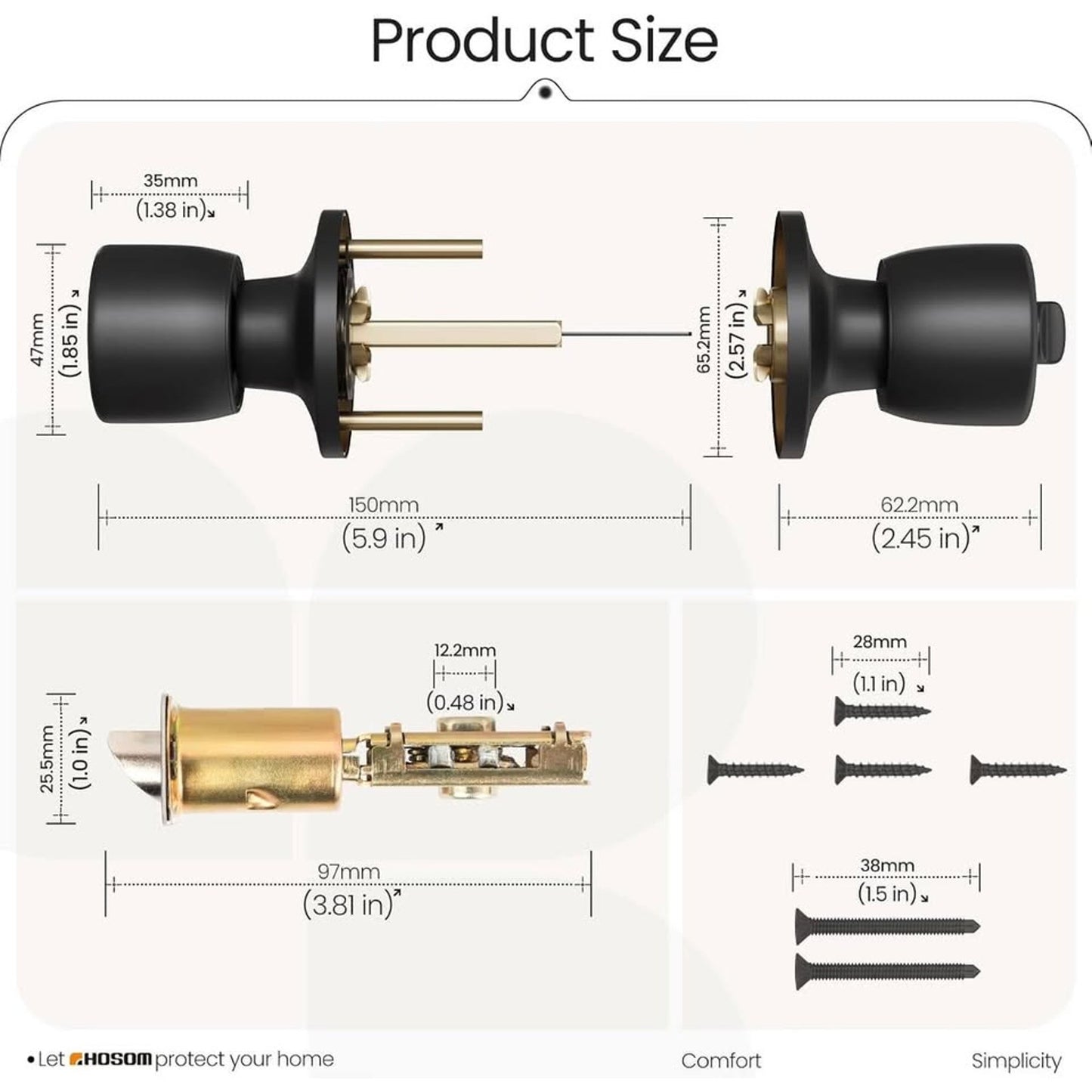 HOSOM Privacy Door Knob With Lock, Matte Black Door Knob Set Door Handles-Black