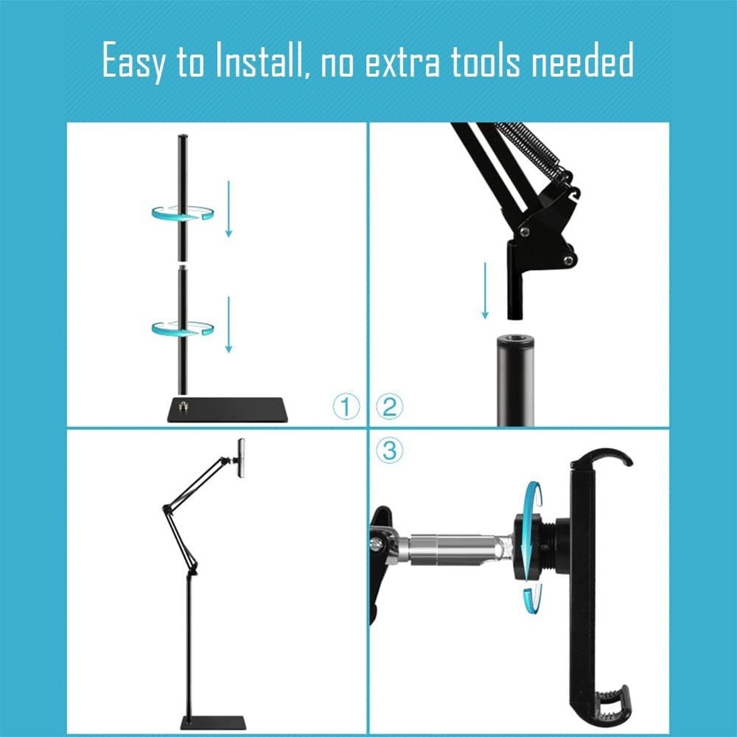 Tablet Floor Stand With 5LB Metal Base, Overhead Bed Phone Stand Angle Height Adjustable Holder, Universal Floor Stand Compatible With IPhone IPad Pro Air Mini, Samsung Tab, Kindle, E-Readers.