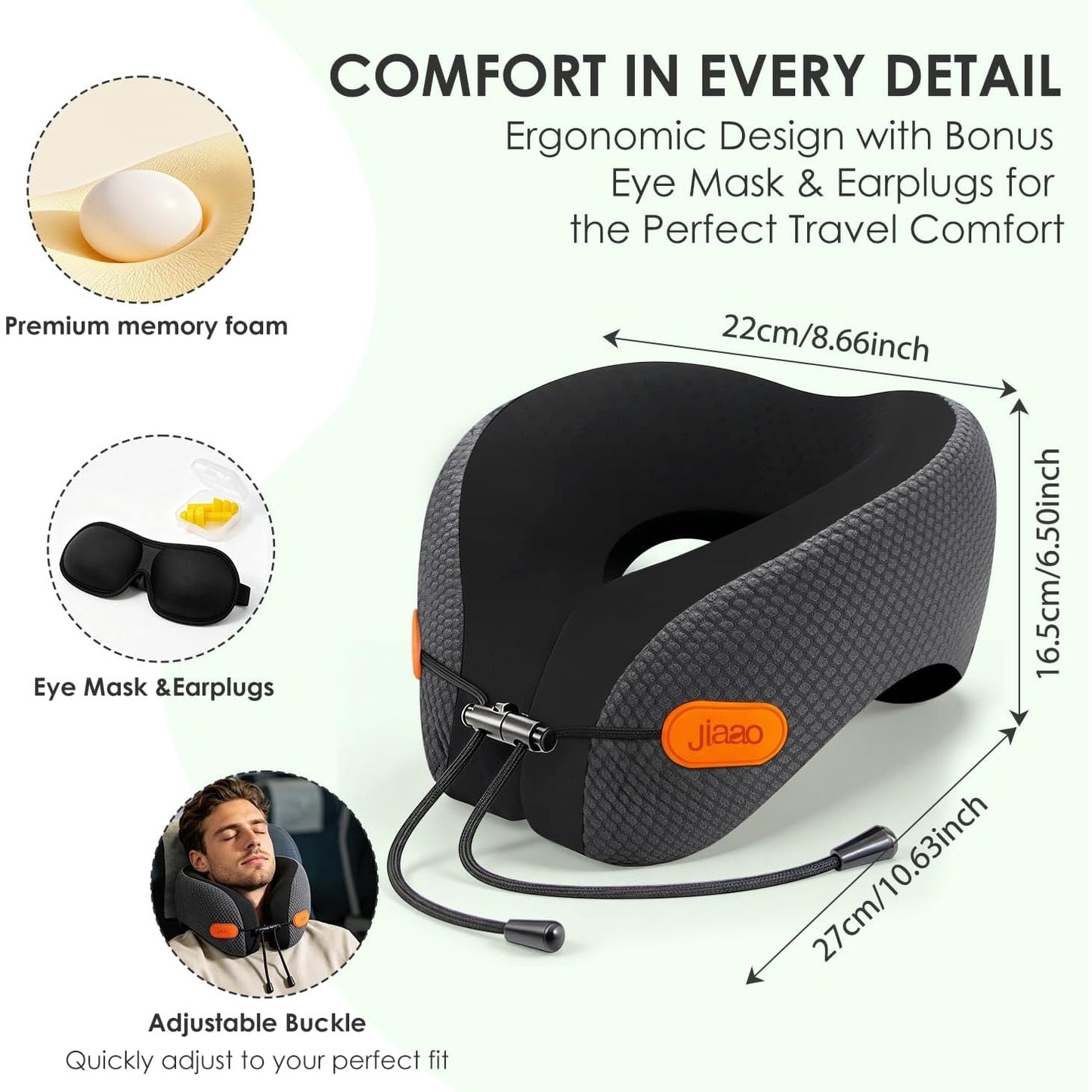 Jiaao Neck Travel Pillow Memory Foam 360° Neck Support Pillows For Airplane