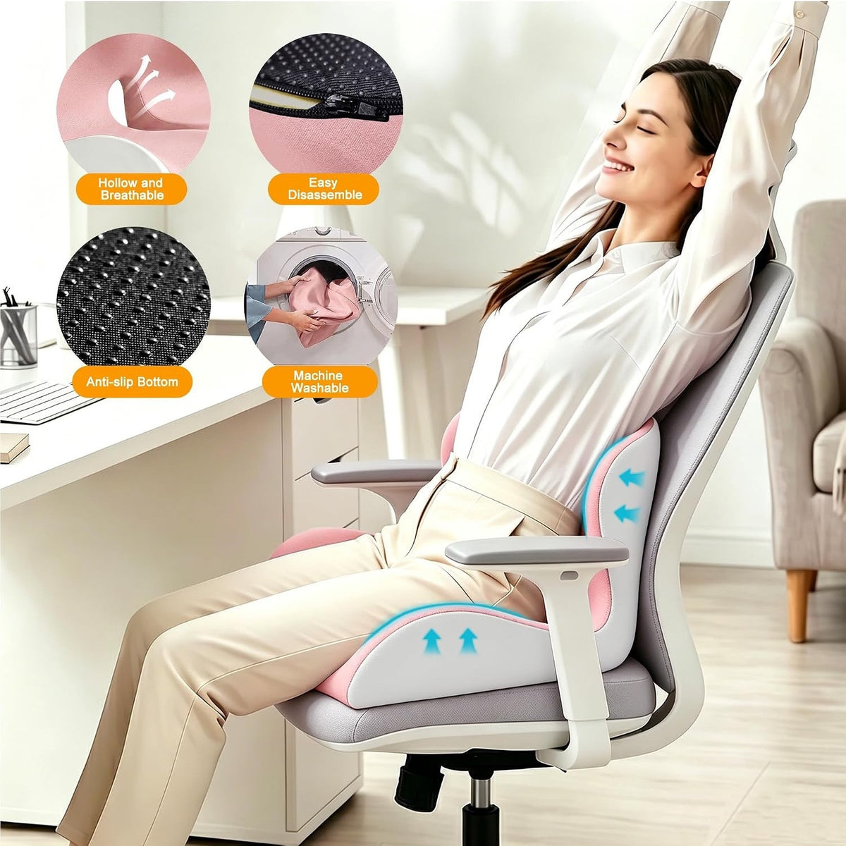 BANKQF X-Large Seat Cushion Office Chair and Car with Lumbar Support Pillow-PINK