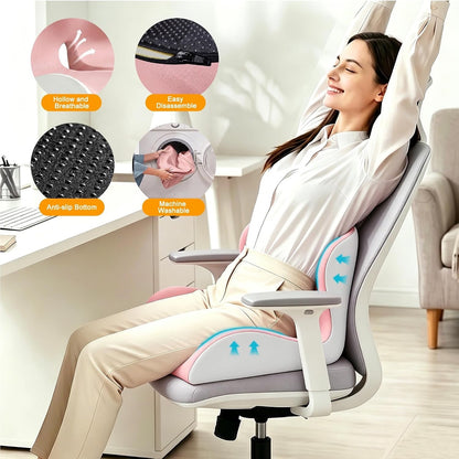 BANKQF X-Large Seat Cushion Office Chair and Car with Lumbar Support Pillow-PINK