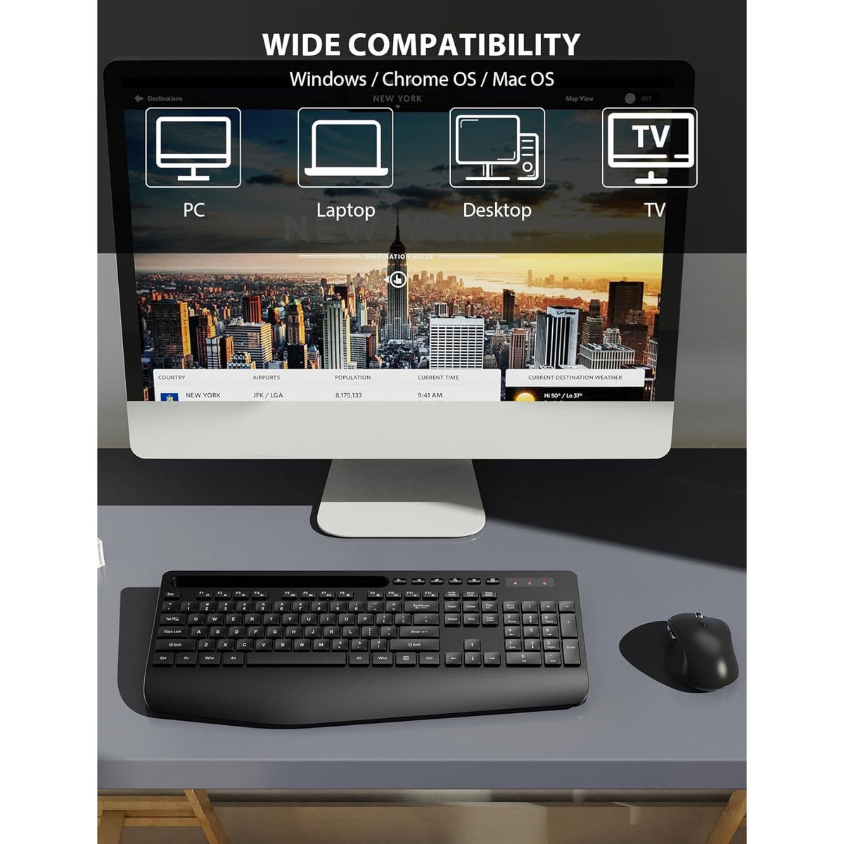 Wireless Keyboard And Mouse Combo - Full-Sized Ergonomic Keyboard With Wrist Rest, Phone Holder, Sleep Mode, Silent 2.4GHz Cordless Keyboard Mouse Combo For Computer, Laptop, PC, Mac, Windows -Trueque