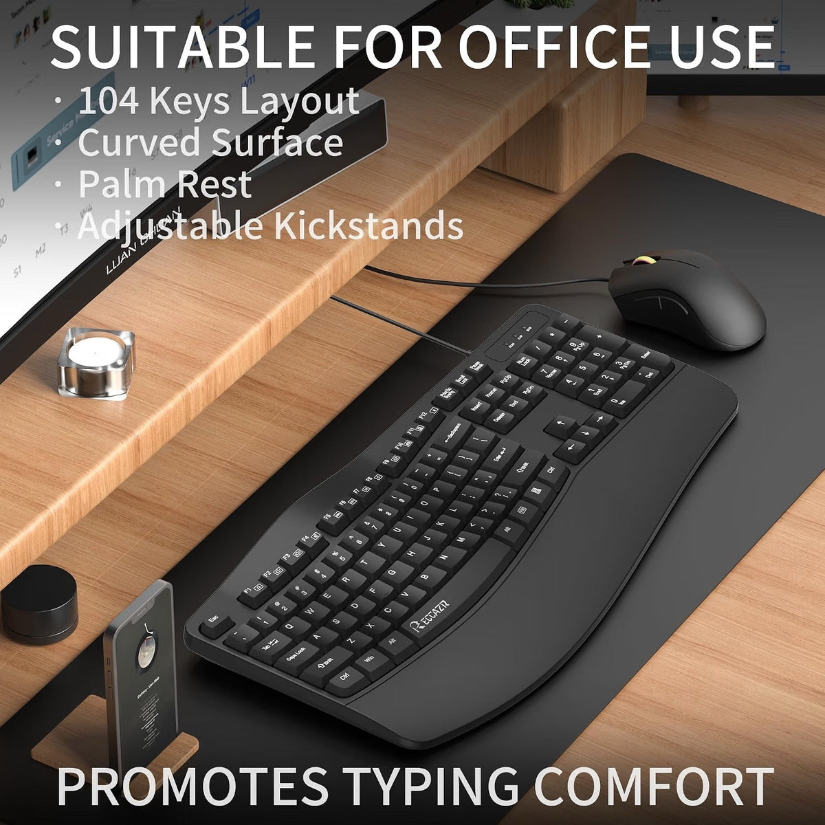 RECCAZR Ergonomic Keyboard, Wired Computer USB Keyboard with Wrist Rest,Black