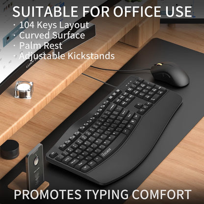 RECCAZR Ergonomic Keyboard, Wired Computer USB Keyboard with Wrist Rest,Black