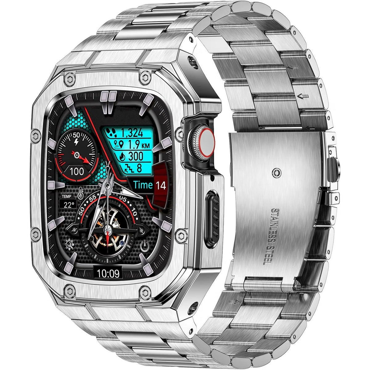 BAITEYOU Stainless Steel Watch Band With Case Compatible With Apple Watch-Silver
