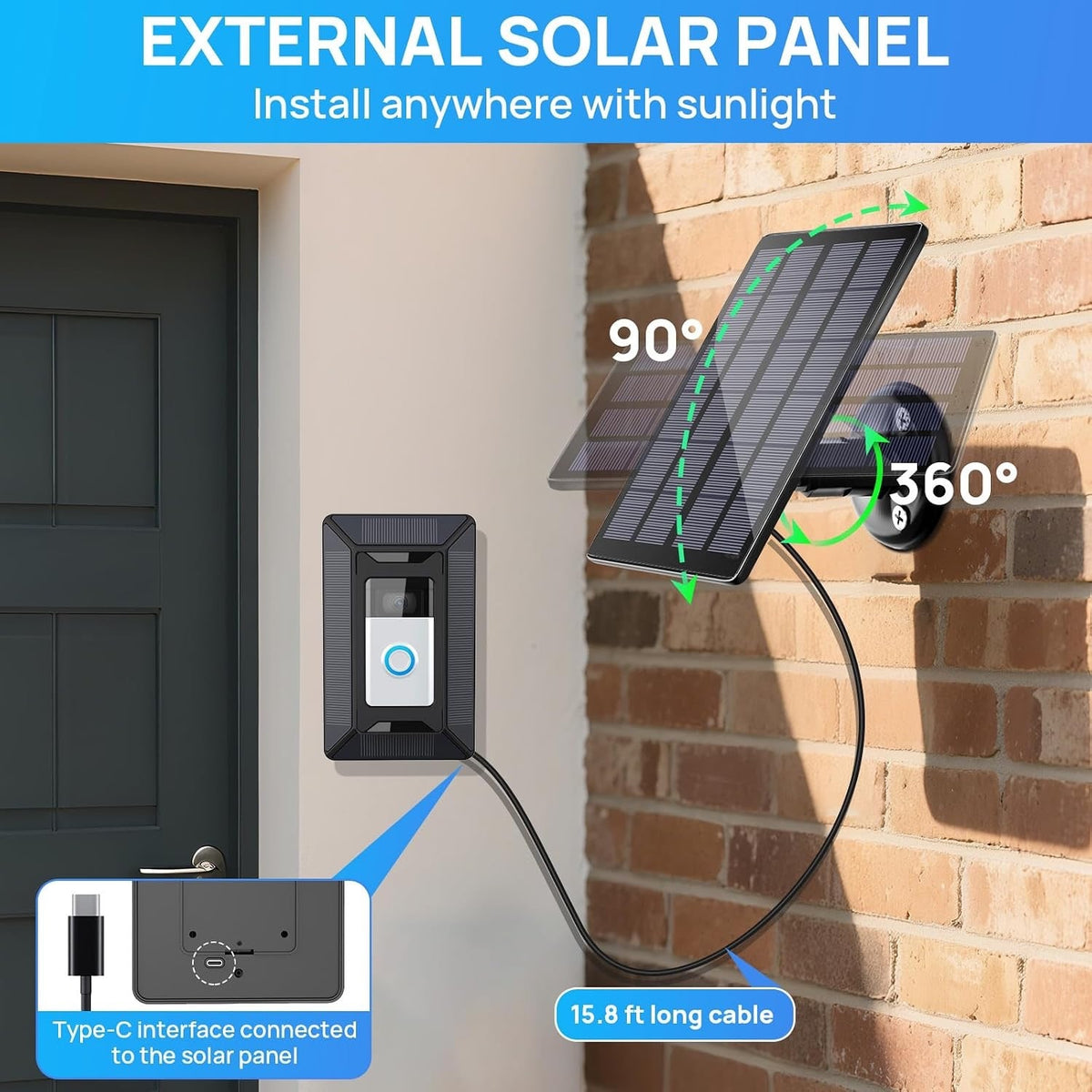 Solar Charger For Ring Doorbell, 2-In-1 With Mount Stand, Compatible With Ring
