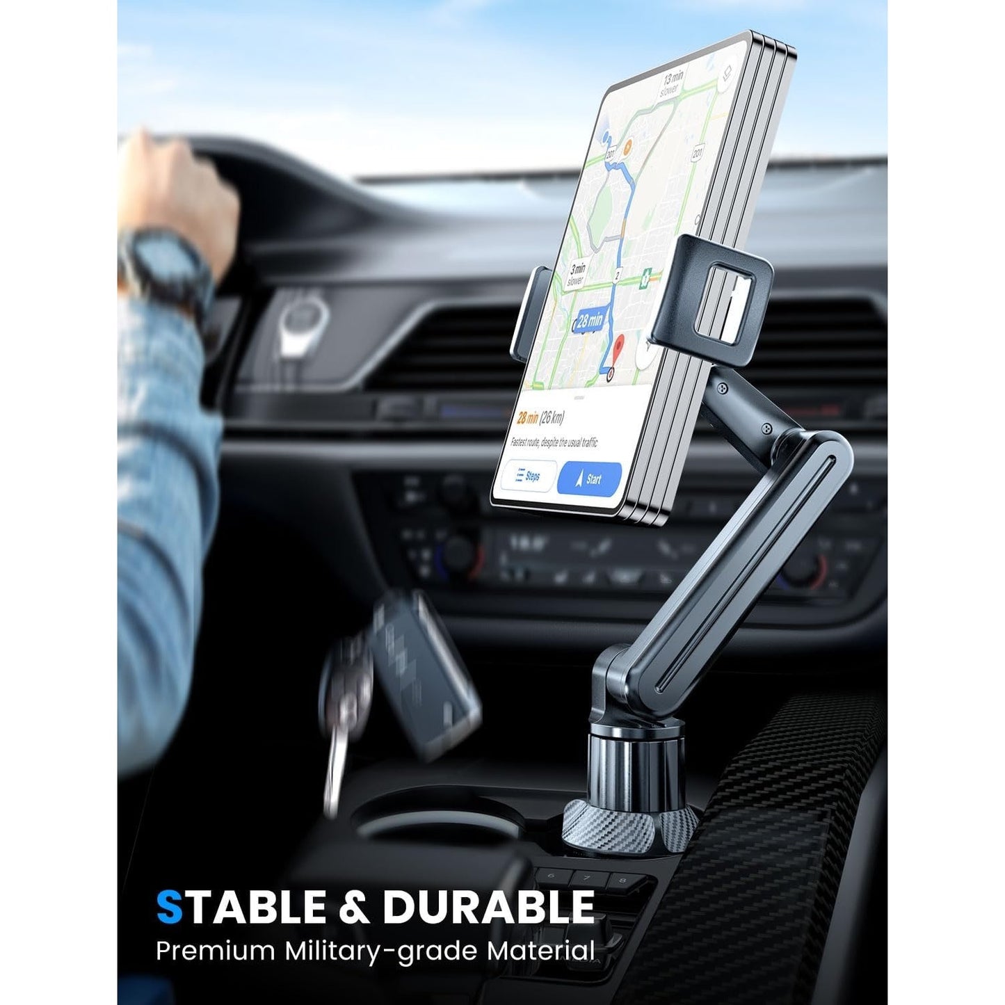 ESamcore Tablet Holder For Car, For IPad Cup Holder Car Mount With 1.57"-Black
