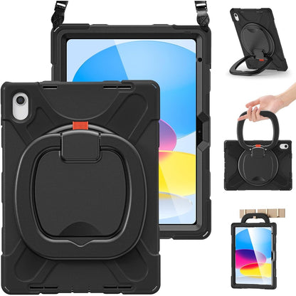 BRAECN Case For IPad (A16) 11th/10th Generation 11”/10.9'' 2025/2022, Protective Silicone Rugged With Screen Protector/Swivel Ring Stand/Stable Kickstand/Handle Grip/Shoulder Strap For Kids, Black.