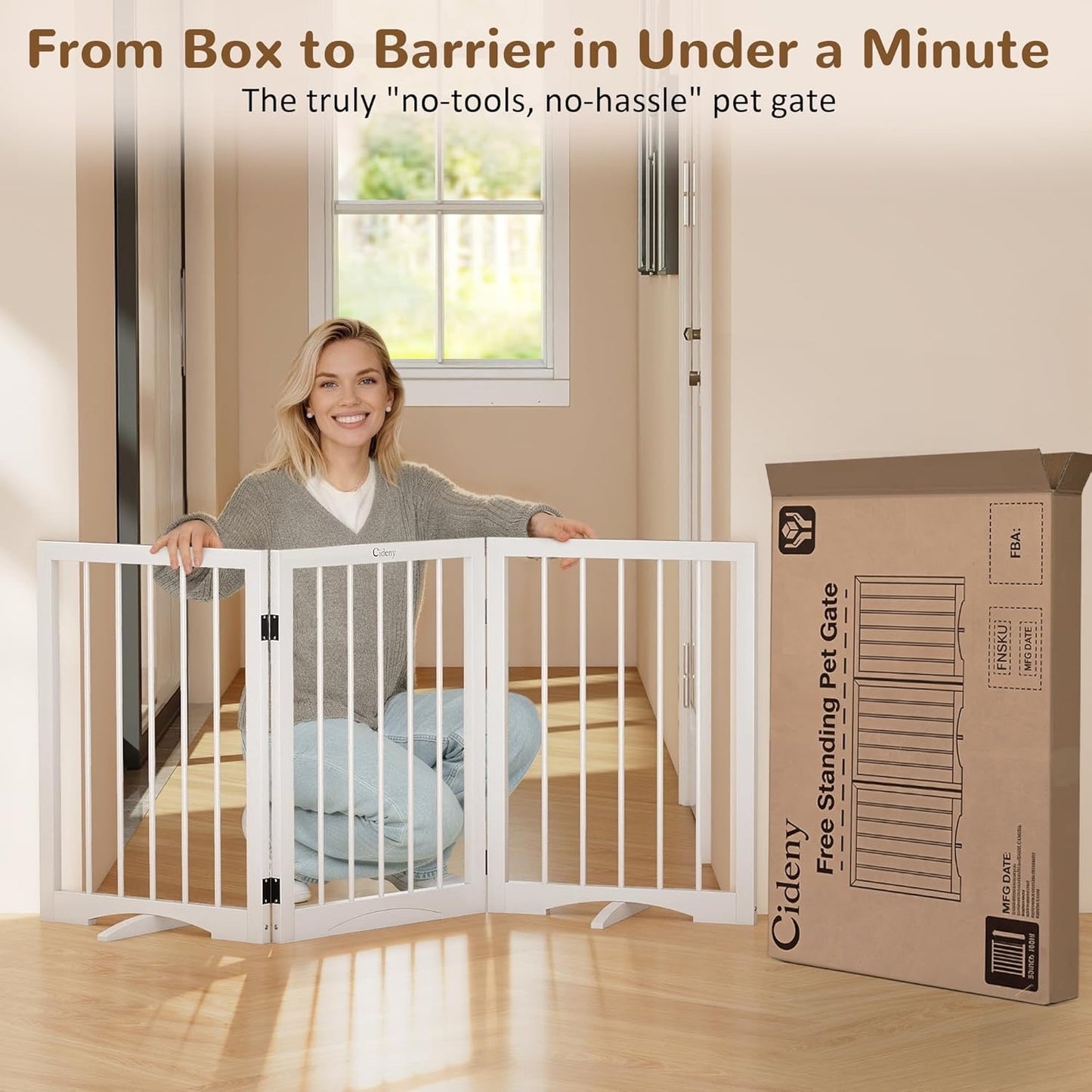 Cideny Free Standing Dog Gate Indoor,Foldable Dog Gate For Doorways Stairs-WHITE