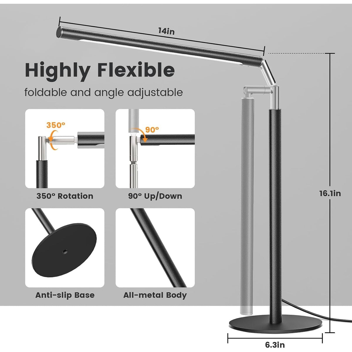 Metal LED Desk Lamp, 16" Dimmable Desk Light with Base, 15W 1200LM, Adapt, Black