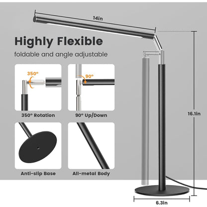 Metal LED Desk Lamp, 16" Dimmable Desk Light with Base, 15W 1200LM, Adapt, Black