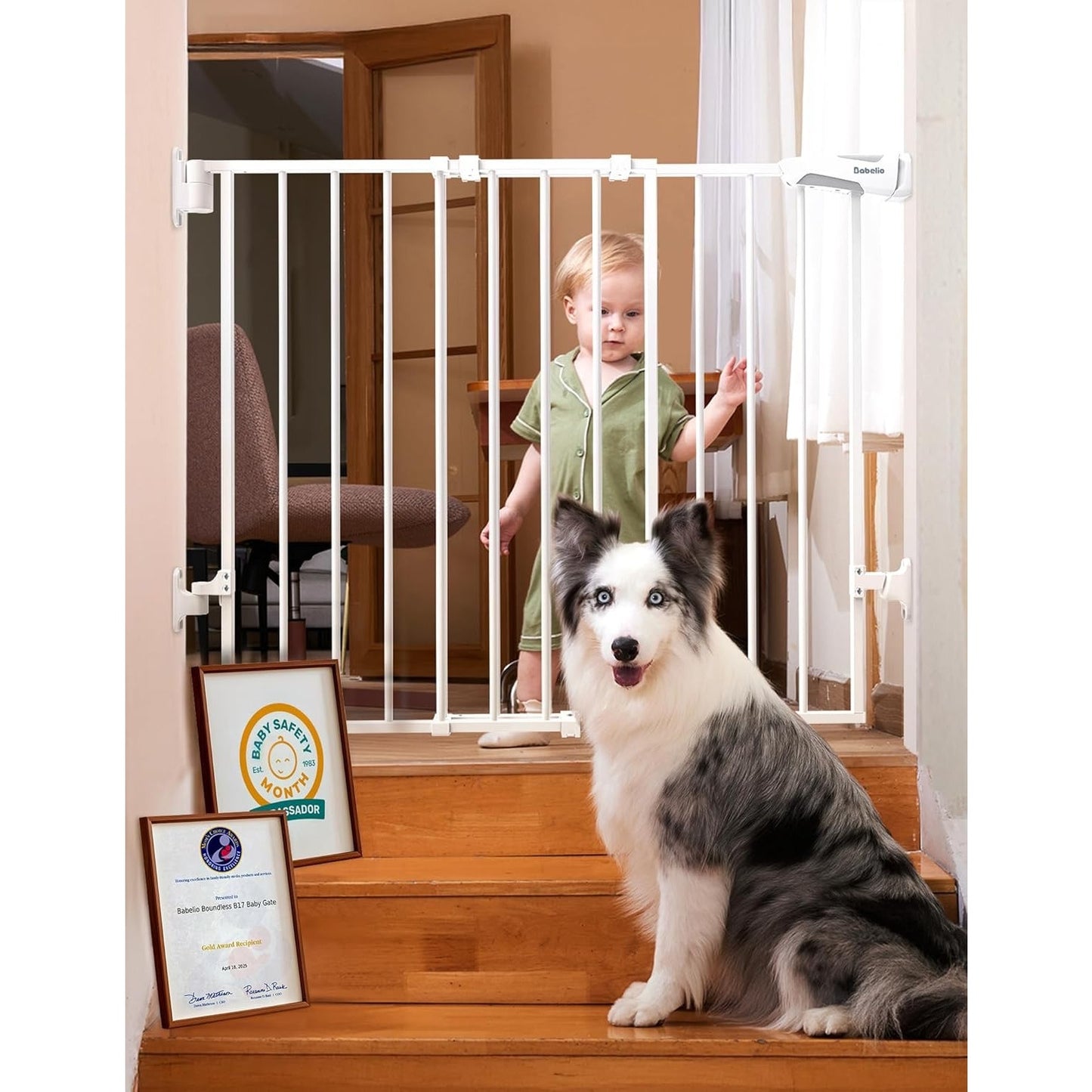 Babelio Baby Gate For Stairs, Kitchen & Doorways, 26-43" W 28" H No Bottom Bar| Easy Installation| One-Handed Operation| Auto-Close| Hardware Mount (Drill Needed) Safety Dog/Pet Gate Indoor (White)