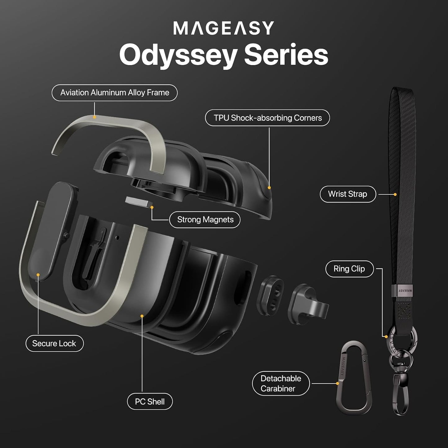 MAGEASY Design For AirPods 4 Case Cover - Rugged AirPods 4 Case With-Metal Black