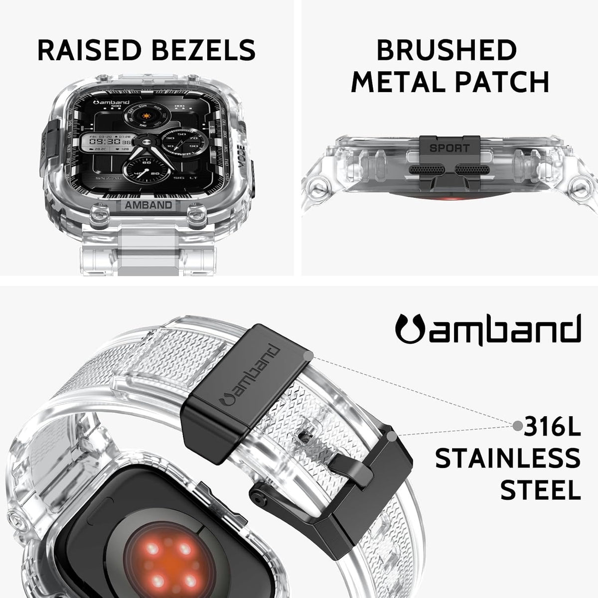 AmBand Bands Case Compatible With Apple Watch Series 11/10 46mm For Men- Clear