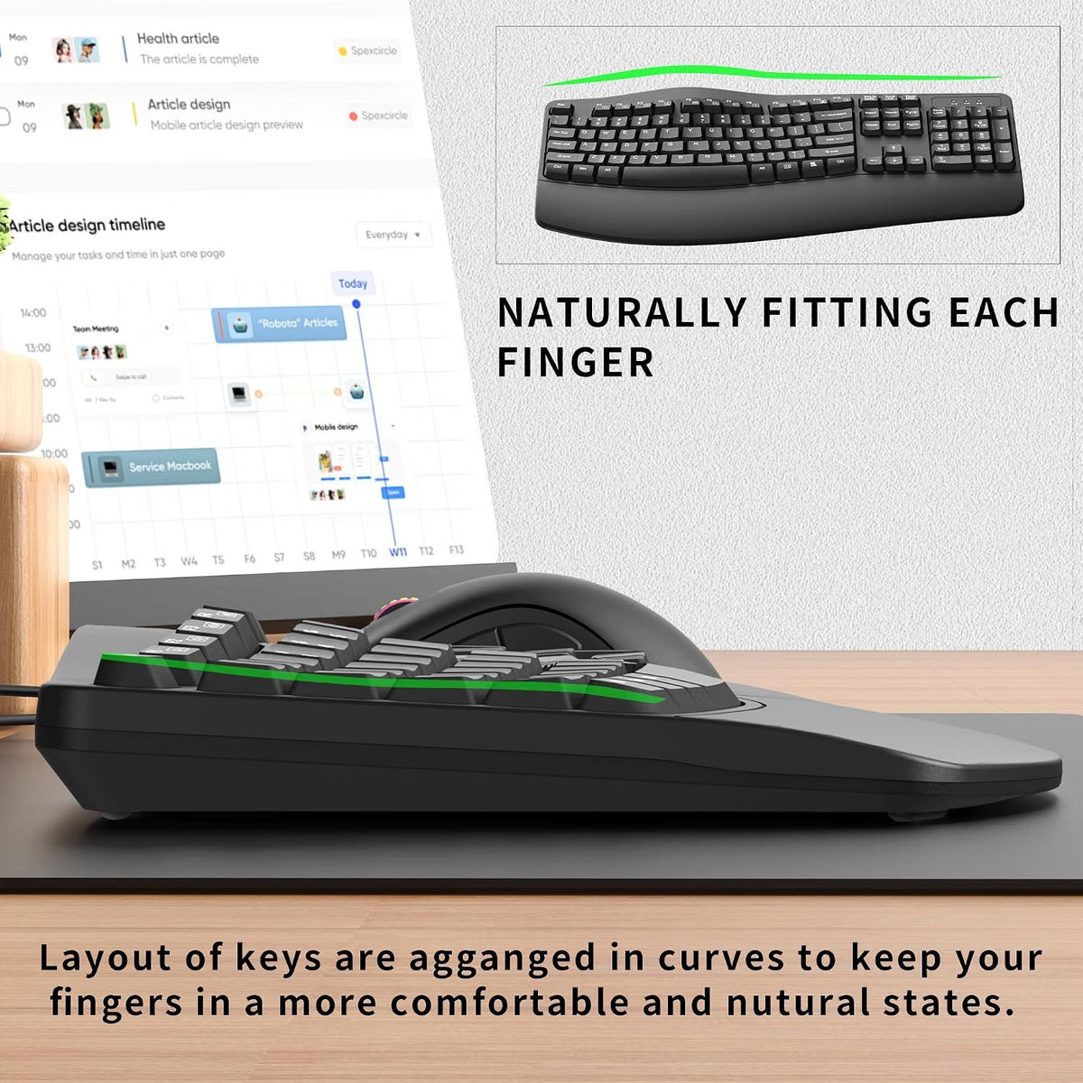 RECCAZR Ergonomic Keyboard, Wired Computer USB Keyboard with Wrist Rest,Black