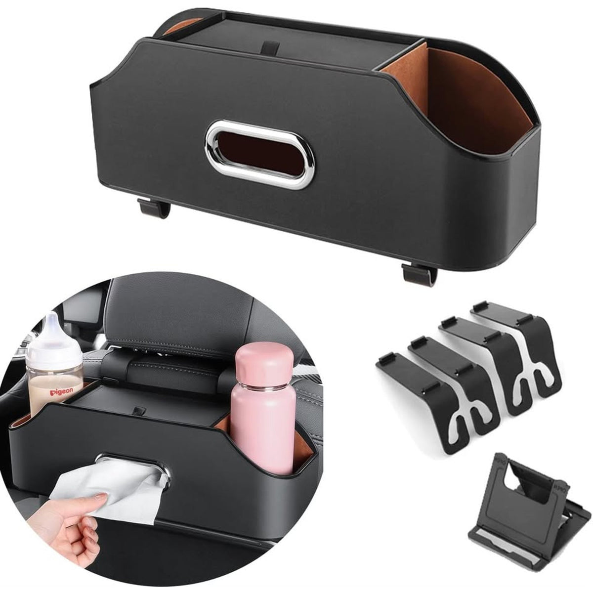 Car Back Seat Organizer With 2 Drink Cup Holder And Tissue Box, Headrest-Black