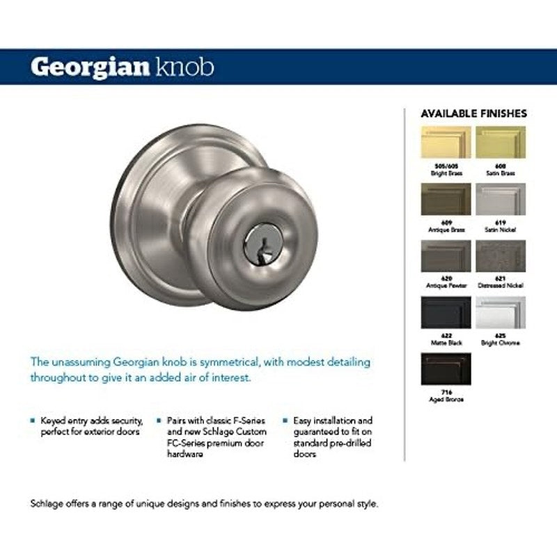 SCHLAGE F51A GEO 608 CAM Georgian Knob With Camelot Trim Keyed Entry Lock, Satin