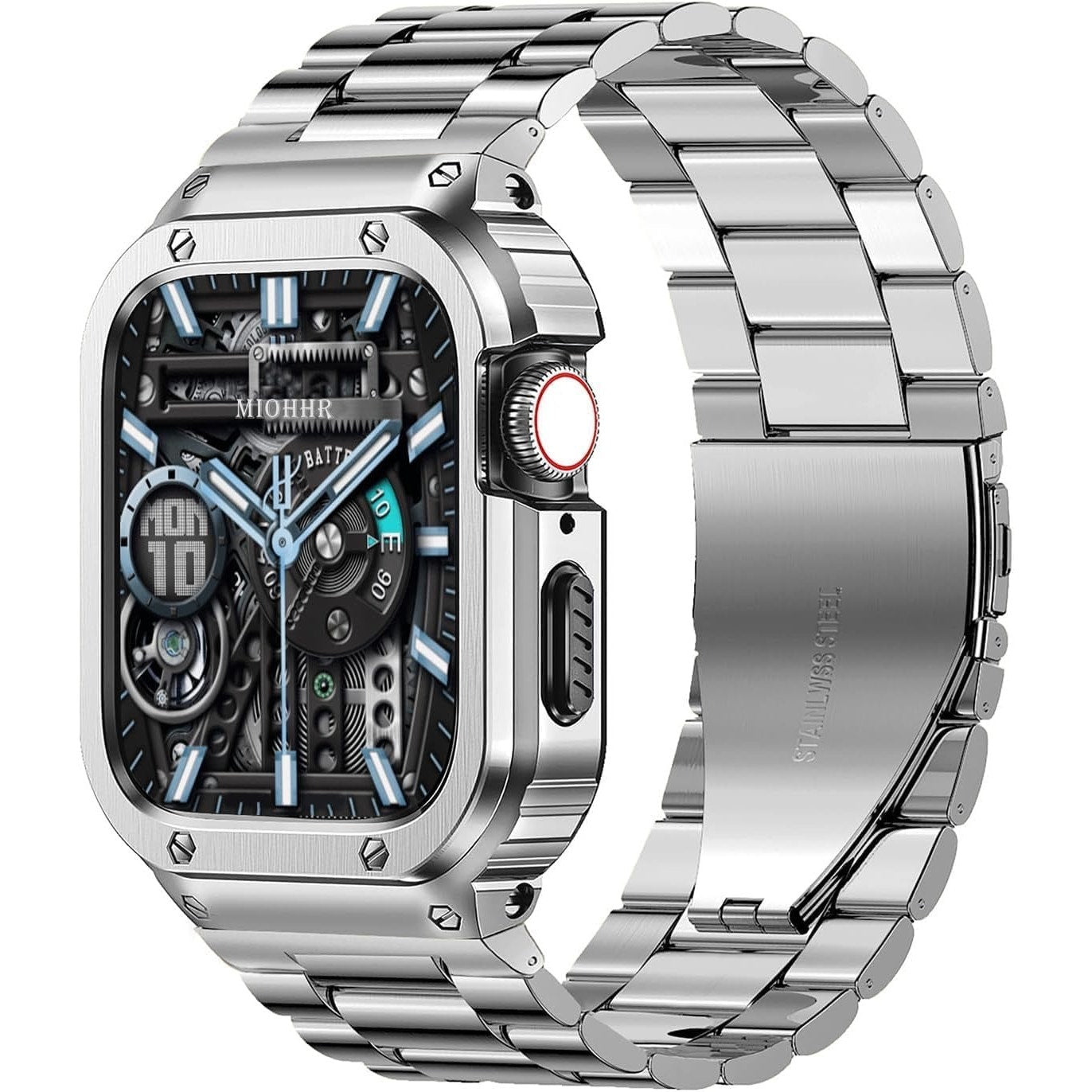 MioHHR Stainless Steel Band And Case Compatible With Apple Watch Band 46mm Series 11 10, Men Metal Protective Bumper Cover For IWatch 46mm Series 11/10, Silver.