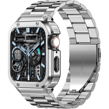 MioHHR Stainless Steel Band And Case Compatible With Apple Watch Band 46mm Series 11 10, Men Metal Protective Bumper Cover For IWatch 46mm Series 11/10, Silver.