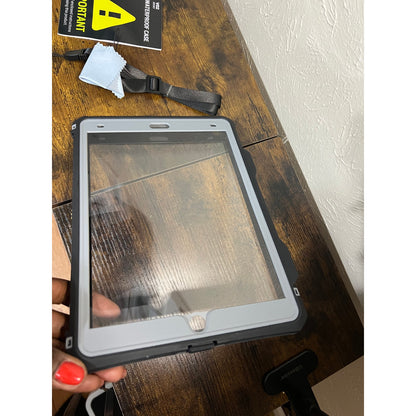 MRUOZRUI 10.2 Waterproof Case Compatible With IPad 9th 8th 7th Generation 2021/2020/2019, Built-In Screen Protector With Strap Stand Pencil Holder, Full Body Heavy Duty Protective Shockproof-Black/Gray. (small crack)